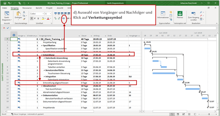 Verknüpfung über Verkettungssymbol (MS Project Tutorial)