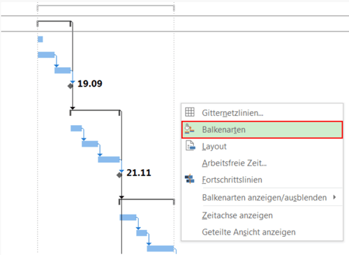 bedingte Formatierung in MS Project - Balkenarten auswählen mit rechter Maustaste im Gantt-Bereich