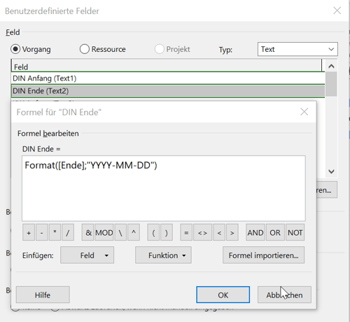 Datumsformat in Microsoft Project