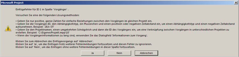 MS Project Kopieren Einfügen - Meldung