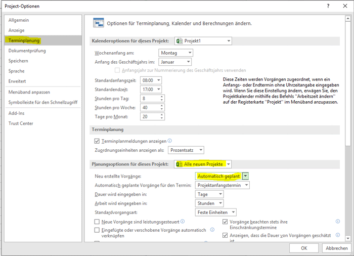 Terminplanungsoptionen in MS Project (MS Project Tutorial)