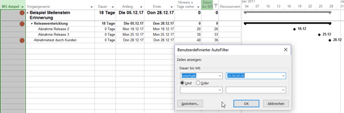 MS Project Meilenstein-Erinnerung - Einstellung Meilensteinansichten 