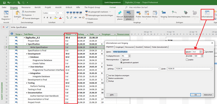 Dauer eingeben (MS Project Tutorial)