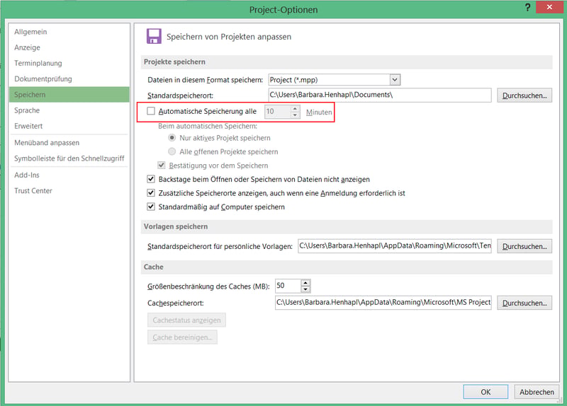 MS Project automatisch speichern - Aktivieren