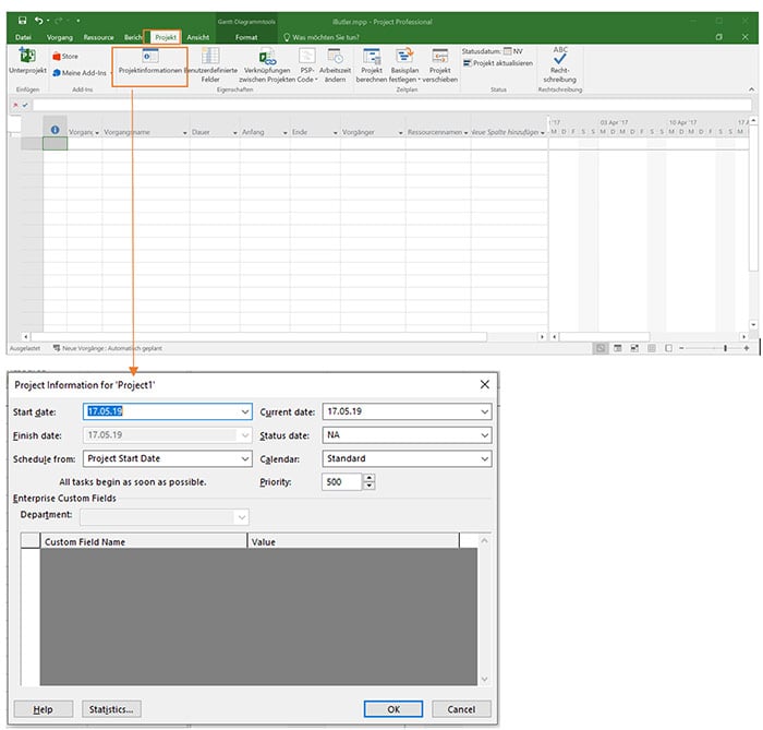 MS Project Tutorial: Öffnen der Projektinfo zum Setzen des Projektanfangstermins
