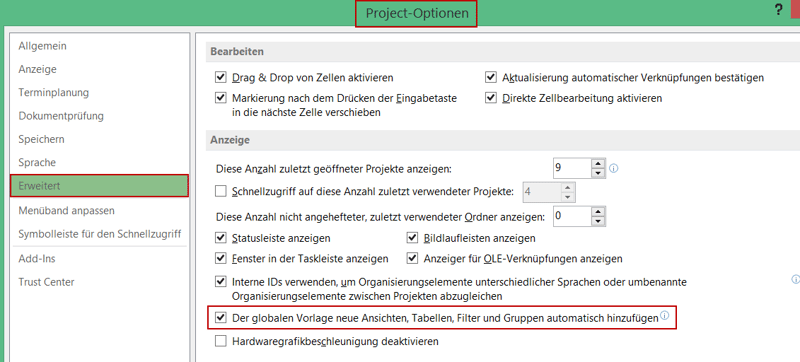 MS Project Organisator - Einstellung global.mpt