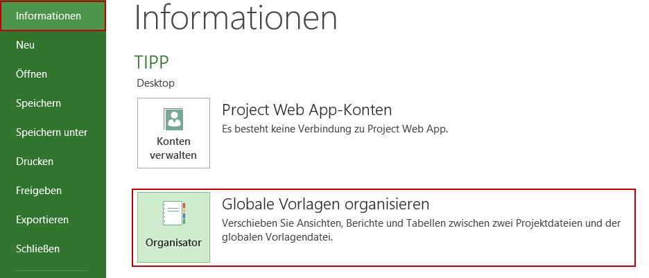 MS Project Organisator - benutzerdefinierte Objekte bereitstellen