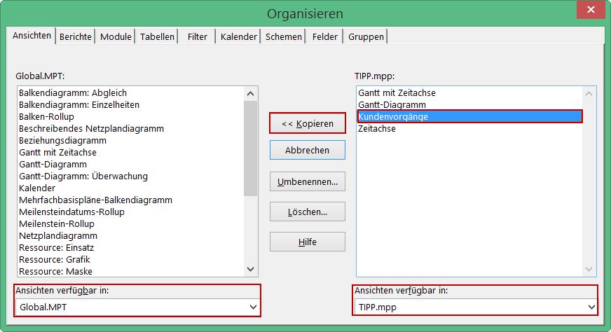 Benutzerdefinierte Ansicht kopieren - MS Project Organisator