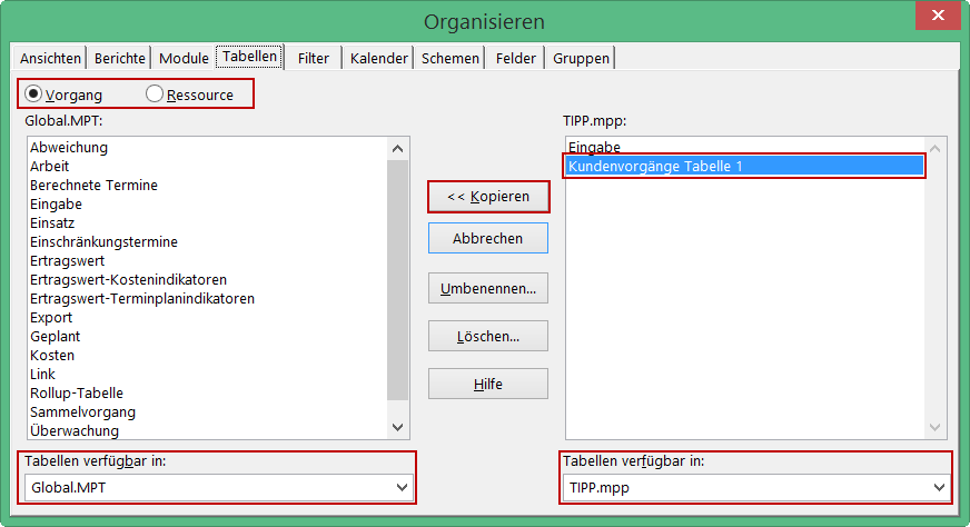  Benutzerdefinierte Tabelle kopieren - MS Project Organisator