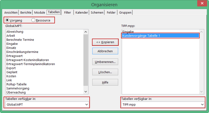  Benutzerdefinierte Tabelle kopieren - MS Project Organisator