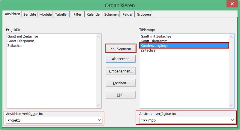 benutzerdefinierte Ansichten übertragen - MS Project Organisator