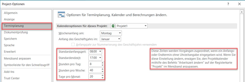 Zugriff auf die MS Project Kalender-Optionen