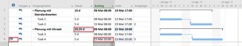 Vorgangsplanung mit Uhrzeiten - MS Project Kalender-Optionen