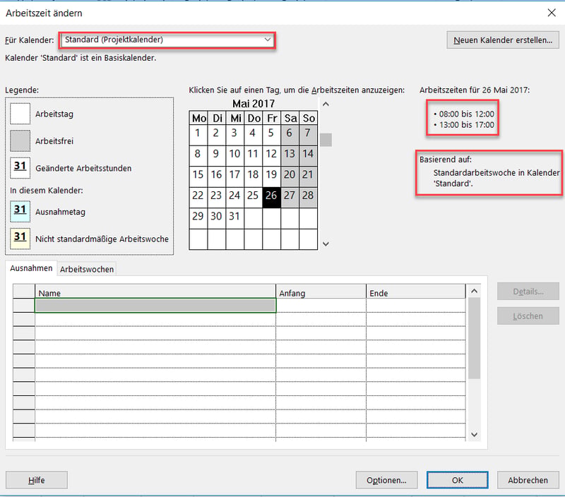 Arbeitszeit ändern - MS Project Kalender-Optionen