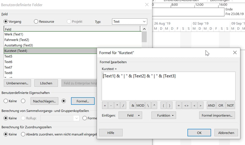Benutzerdefinierte Felder - Kurztext Formel