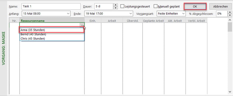 Ressourcenauswahl - MS Project Kalender-Optionen