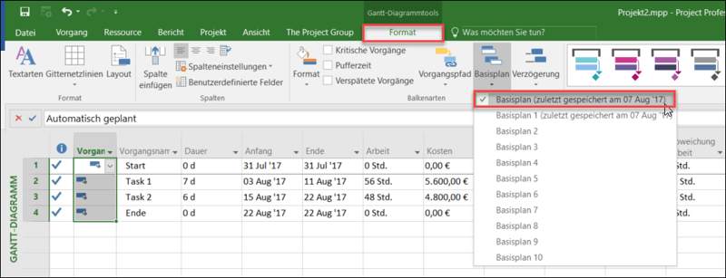 Basisplan MS Project - Abweichungen anzeigen