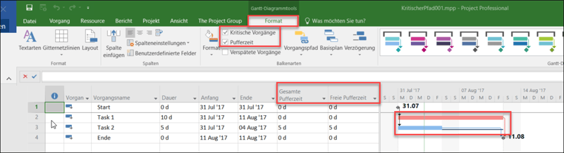 MS Project kritischer Pfad