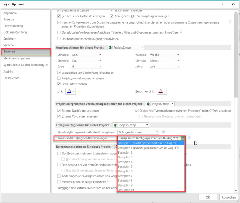 Basisplan-Optionen in MS Project für Ertragswertberechnungen
