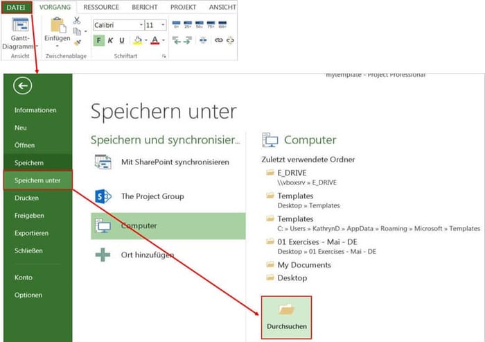 MS Project Vorlage erstellen - Datei wählen