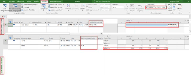 Planungsoptionen in MS Project - % Zuteilung 