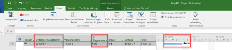 Planungsoptionen in MS Project - automatisches Unterbrechen