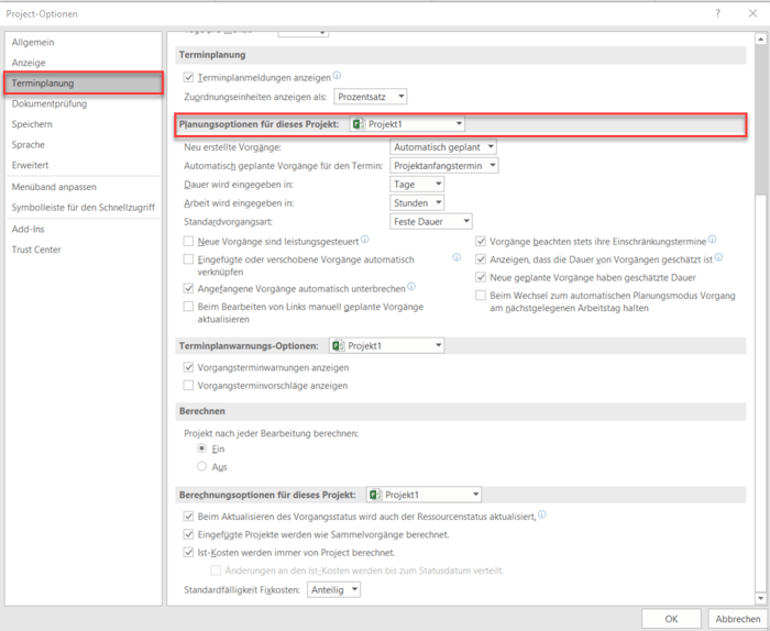 MS Project Planungsoptionen