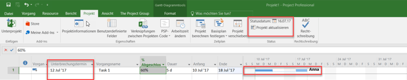 Planungsoptionen in MS Project - automatisches Unterbrechen
