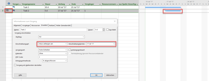 Planungsoptionen in MS Project - Einschränkungstermine