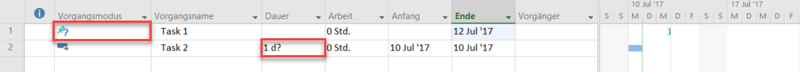 Planungsoptionen in MS Project - Fragezeichen Dauer