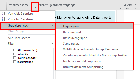 MS Project Teamplaner - Filtern und gruppieren der Ressourcen