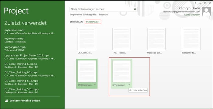 MS Project Vorlagen - zuletzt verwendet