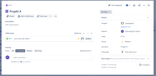 Projekt in Jira mit Unterprojekten - User Story