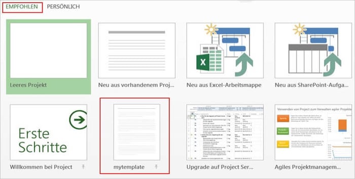MS Project Vorlagen - Empfohlene Vorlagen markieren