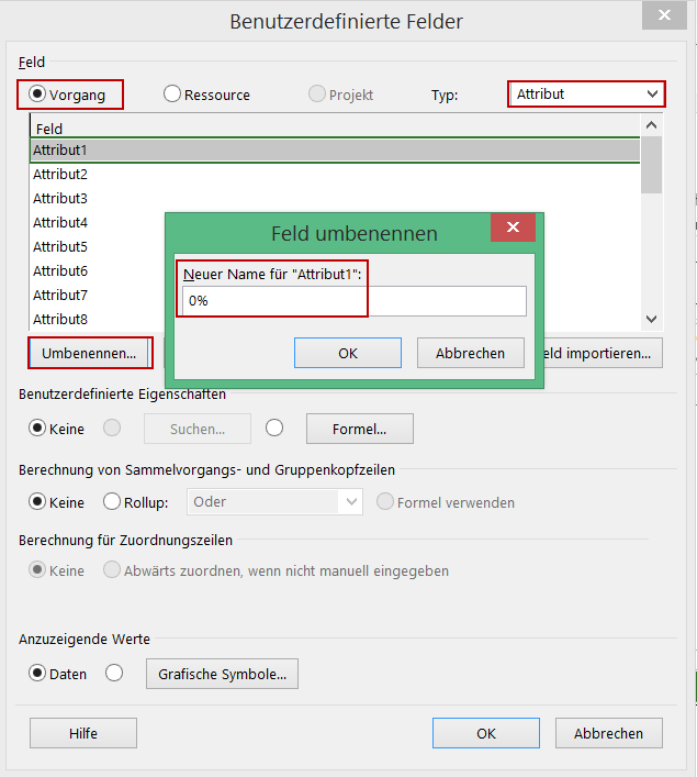 Attributfeld umbenennen - MS Project Fortschritt anzeigen