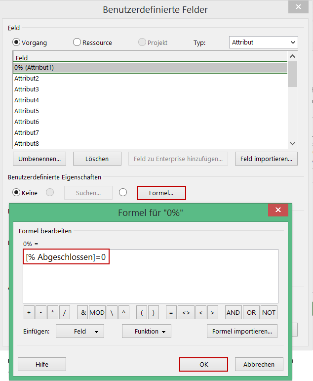  Formel eingeben - MS Project Fortschritt anzeigen