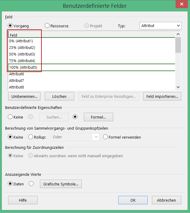 Vorgangsattribute eingeben - MS Project Fortschritt anzeigen