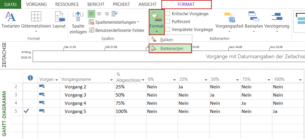 Balkenarten anpassen - MS Project Fortschritt anzeigen