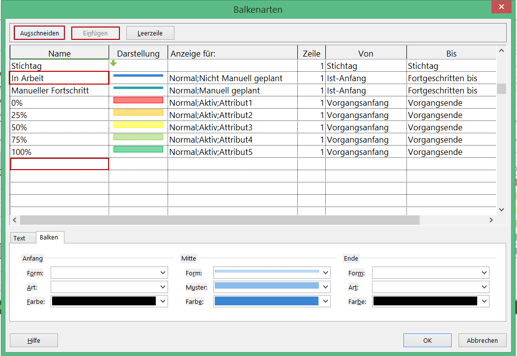 Reihenfolge der Formatierungen beachten - MS Project Fortschritt anzeigen