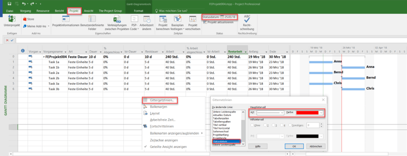 MS Project Feste Einheiten - Statusdatum festlegen 