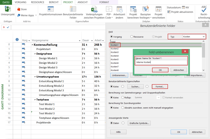 Ressourcenkosten in Microsoft Project - Kostenfeld 