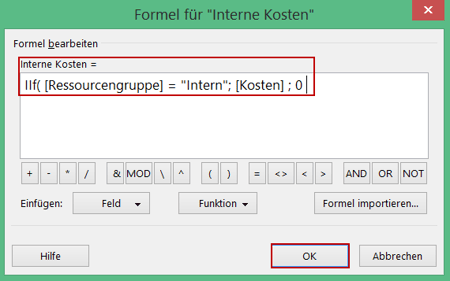 Ressourcenkosten MS Project - Formel eingeben
