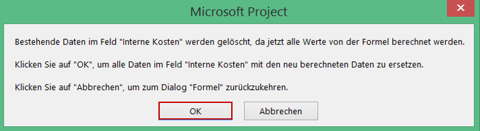 Ressourcenkosten in Microsoft Project - Warnmeldung 