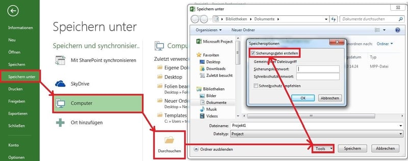 MS Project Sicherheitskopie erstellen