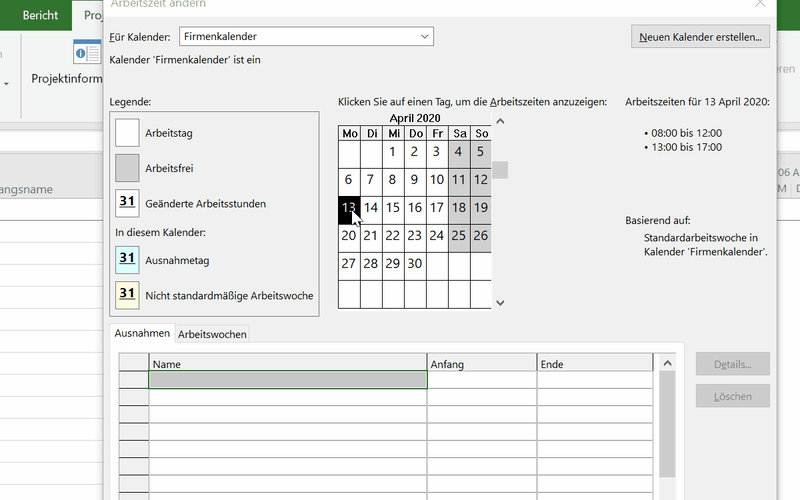 Feiertag eintragen - Arbeitsfreie Zeit Kalender MS Project