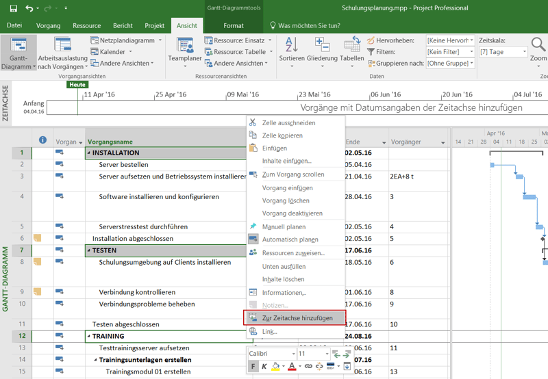 Mehrfache Timelines in MS Project 2016
