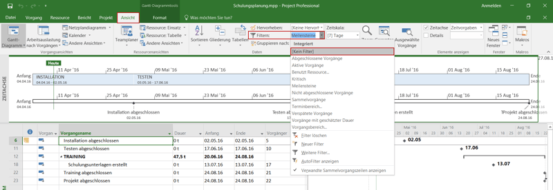 Mehrfache Timelines in Project - Filter zurücksetzen