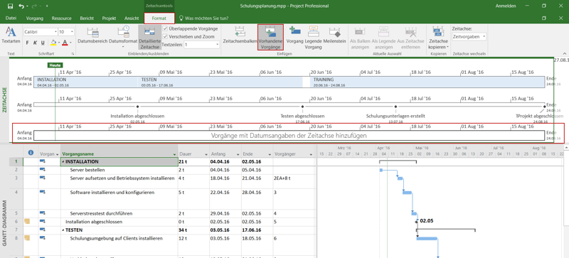 Mehrfache Timeline in Project - Vorgänge hinzufügen