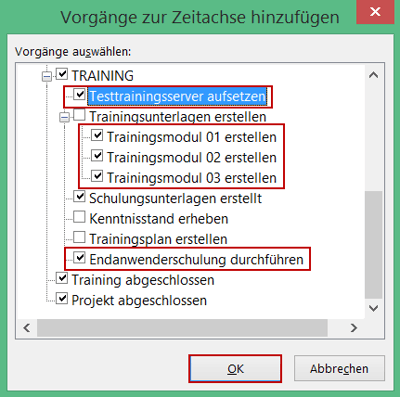 Mehrfache Timeline in Project - Vorgänge hinzufügen
