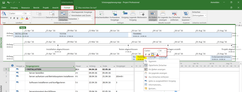 Mehrfache Timeline in MS Project - Balken formatieren